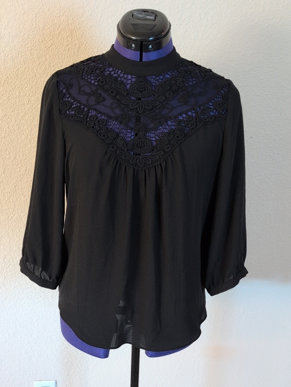 by & by Black Lace Yoke Blouse with Purple Underlay